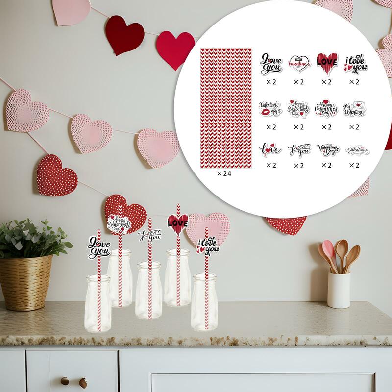 24 buah Hari Valentine kertas sedotan baru Hari Valentine dekorasi untuk Proposal cinta tema pesta karnaval Tahun Baru Keluarga