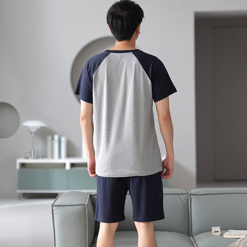 New O-Neck Cotton Mens Summer Short Sleeve Shorts Pajamas Set Big Size M-4XL Sleepwear Leisure Suits Nightwear Men Pijamas
