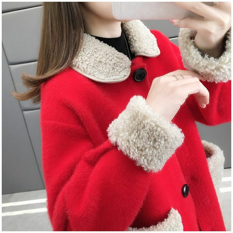 Nuovo visone Cashmere maglione cappotti inverno donna medio-lungo lana d'agnello cuciture Cardigan giacche femminile caldo Patch tasca Outwear