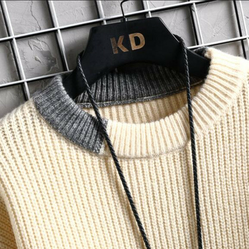 Suéter cálido de cuello redondo para hombre, suéter de punto grueso, Color de costura a juego, nueva moda, Otoño e Invierno