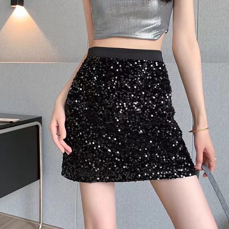 Stylish Comfy New Short Skirt Sequins Skirt Elegant High Waist Microelasticity Polyester Solid Color Versatile