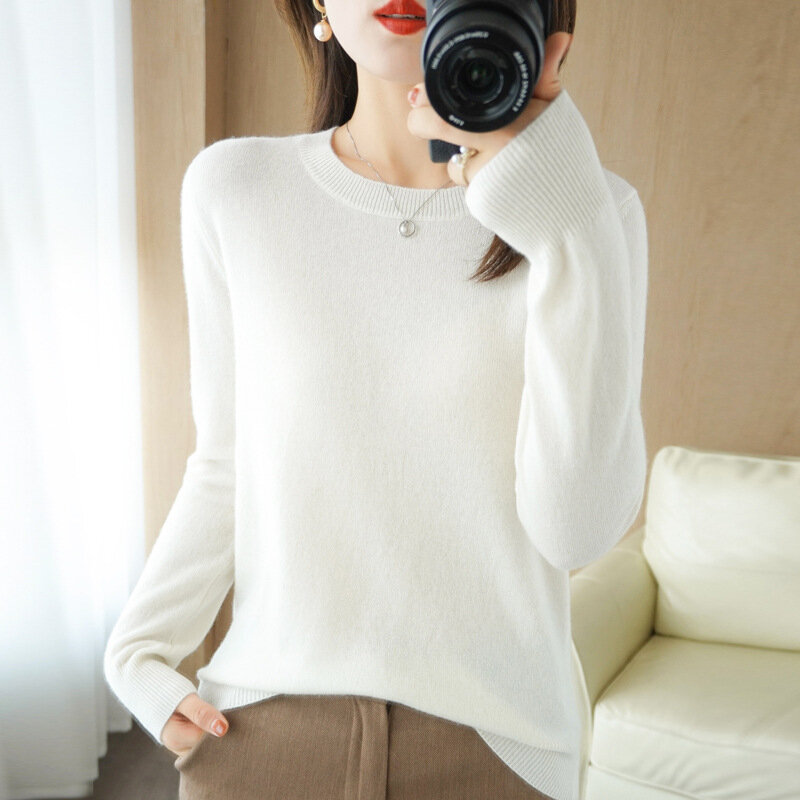 Модный женский трикотажный свитер из 100% мериносовой шерсти, пуловер с круглым вырезом и длинным рукавом, осенняя одежда, джемпер, Топ