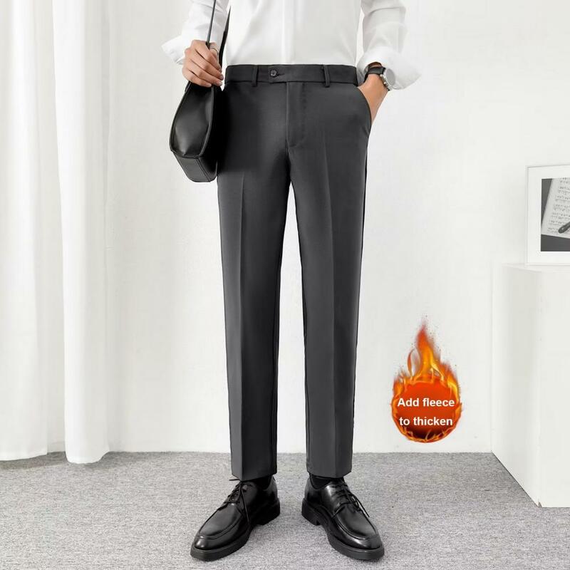 Calça de pelúcia grossa masculina com bolsos macios, fechamento médio da cintura, calças formais estilo comercial, roupa de escritório