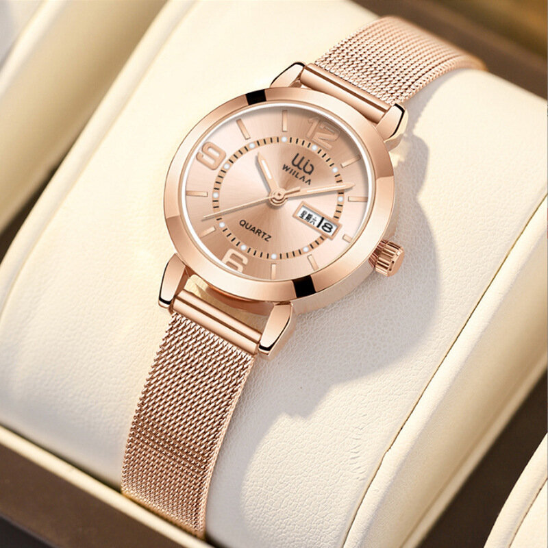 Relógio quartzo feminino com pulseira de aço inoxidável, impermeável, ouro rosa, joia, marca, moda