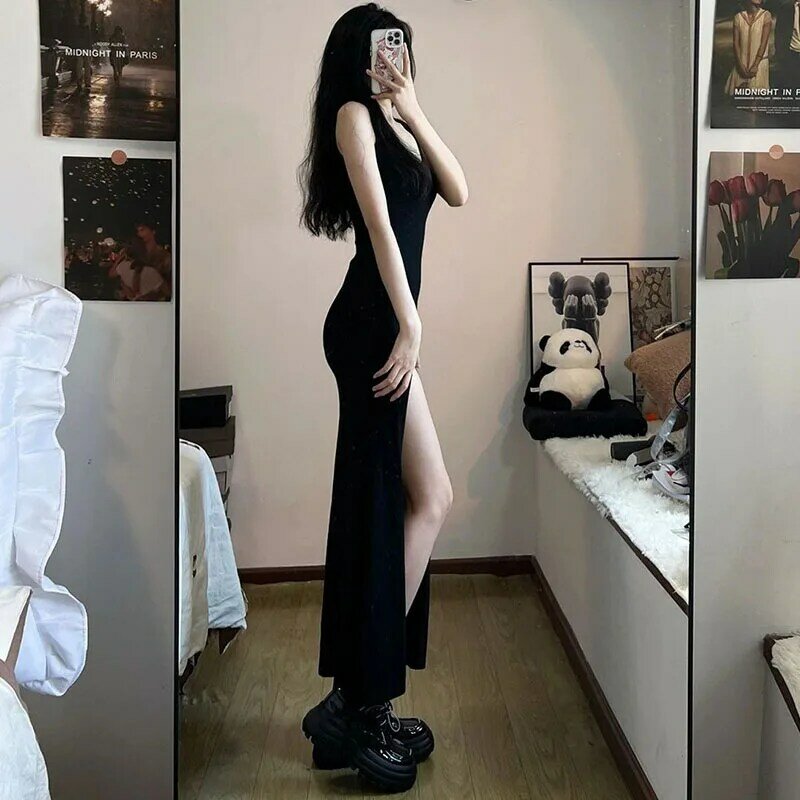 Schwarz ärmellose Riemen Kleid Frauen sexy Slim Fit Seitens chlitz unregelmäßige Maxi kleid Frau Sommer koreanische einfache einteilige Kleider