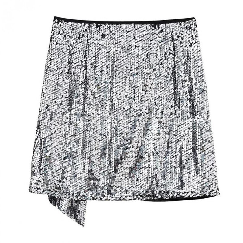 Сексуальная Серебристая юбка с блестками, Летняя короткая юбка с блестящей вышивкой и бусинами, слегка эластичное танцевальное платье для женщин