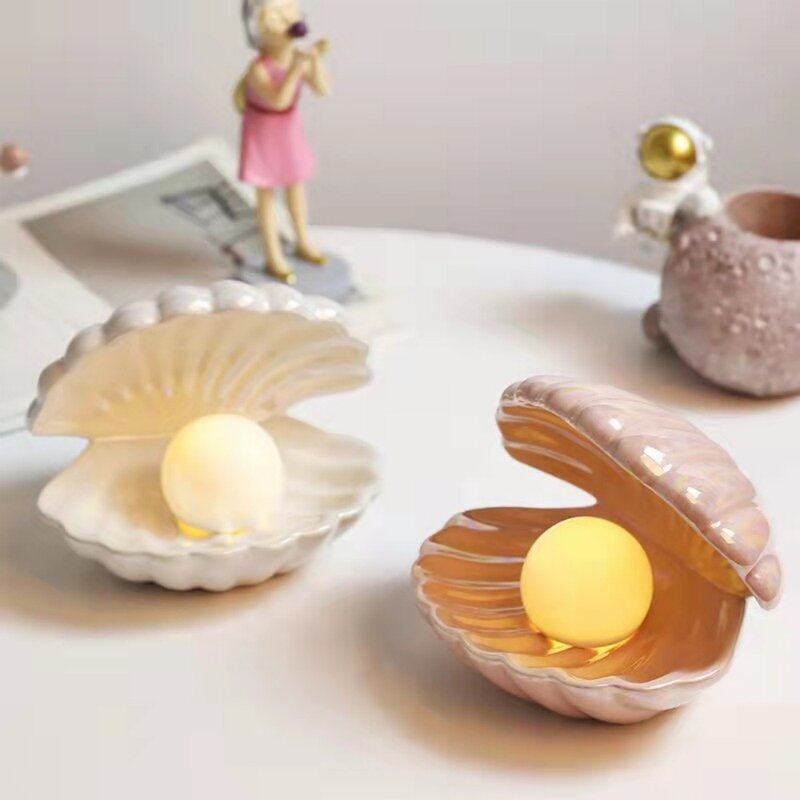 Shell Pearl Light LED Accent Lamp Portable Night Light Pearl in Shell Desktop Ornament Home Decor for Bedroom Living Room Office