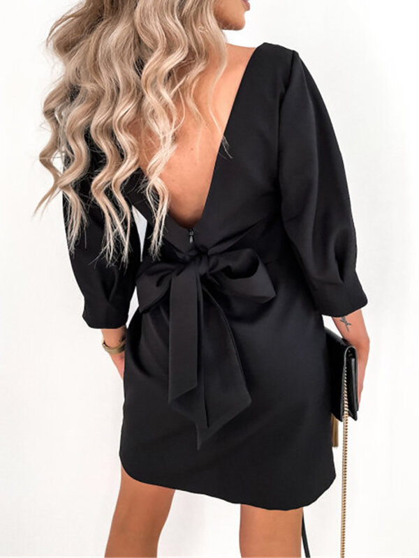2022 Vrouwen Solid O-hals Prinses Party Dress Lente Herfst Sexy Drie Kwart Mouw Dames Boog Backless Streetwear Dropshipping