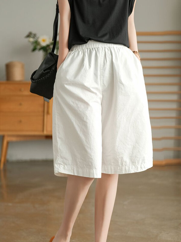Celana pendek katun kasual wanita, celana pendek Retro pinggang elastis longgar lurus putih sederhana modis untuk musim panas