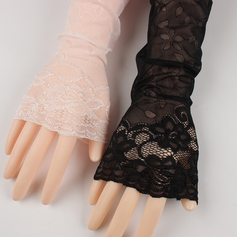 Sarung tangan berkendara panjang wanita, sarung tangan penghangat lengan putih, sarung tangan tabir surya hitam seksi Anti-UV elastis renda jaring musim panas untuk wanita