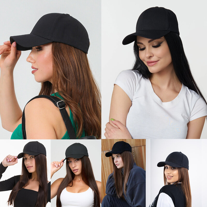 Boné reto longo com extensões de cabelo para mulheres e meninas, fibra sintética, chapéu de peruca ajustável, alta qualidade, 24 in