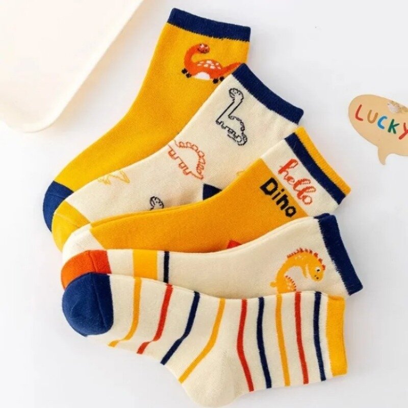 2024 New 5pairs Dinosaur Children's Socks Cotton Cartoon Children Boy and Girls Long Flat Cotton Socks Cute Baby Socks 2-12 Year