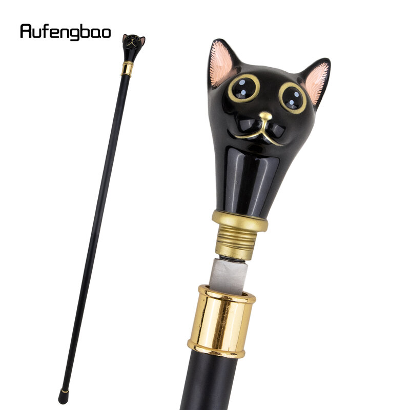 Black Golden Cat Gentleman Kitten Single Joint Golden Walking Stick with Hidden Plate Self Defense Fashion Crosier Stick 93cm