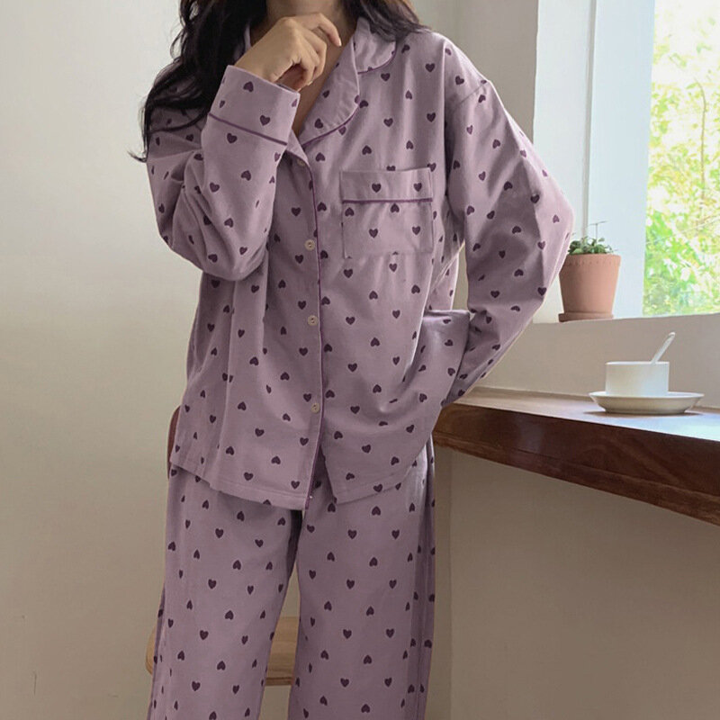 Пижамный комплект Женский из 2 предметов, одежда для сна, штаны с принтом сердечек, пижама на пуговицах, с длинным рукавом, домашняя одежда, весна-лето-осень