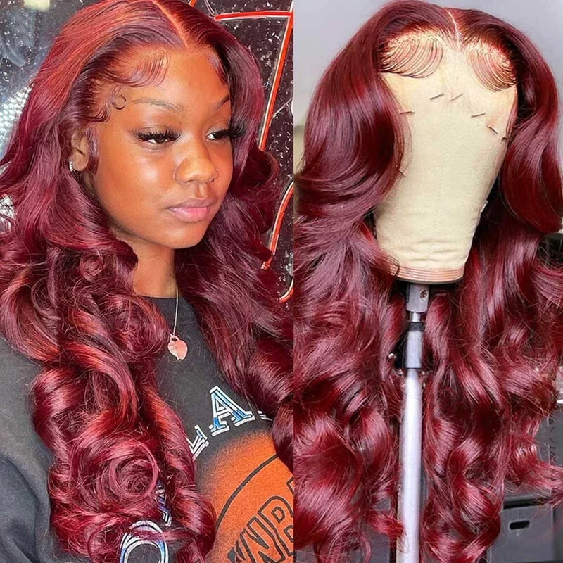 99J бордовый кружевной передний парик, человеческие волосы, объемные волнистые красные цветные кружевные передние человеческие волосы, парики для женщин, кружевной передний парик, предварительно выщипанные