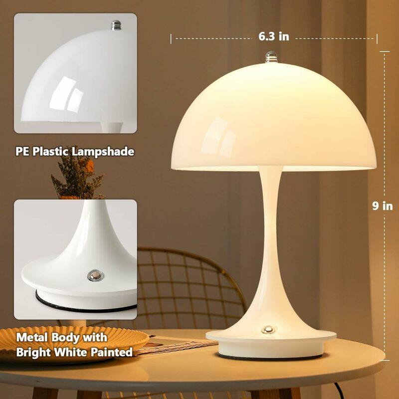 터치 센서가 있는 무선 버섯 테이블 램프, 무단 조도 조절 USB 충전식 침실 침대 옆 야간 조명 장식, 3 색