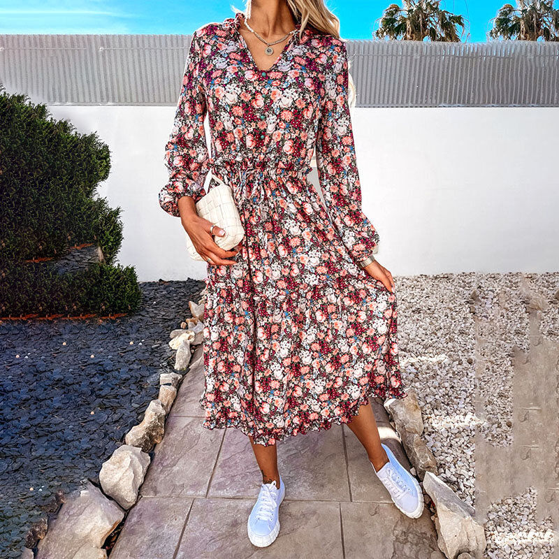 2022ฤดูใบไม้ผลิแฟชั่นผู้หญิงดอกไม้พิมพ์ Casual Beach V คอยาวแขนเสื้อชุด Midi Vestido De Mujer เสื้อผ้า