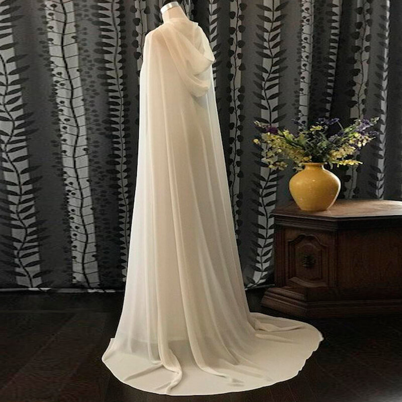 Chiffon Party Hooded Cloak ,Wedding Dress Bridal Chiffon Cape With Tape Bridal Shawl In White, Ivory
