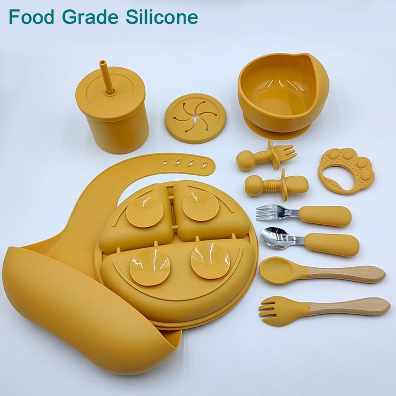 Silicone Feeding Sets para o bebê, nome personalizado, talheres para crianças, ventosa, placas, tigela, copos de alimentação, frete grátis, 11PCs