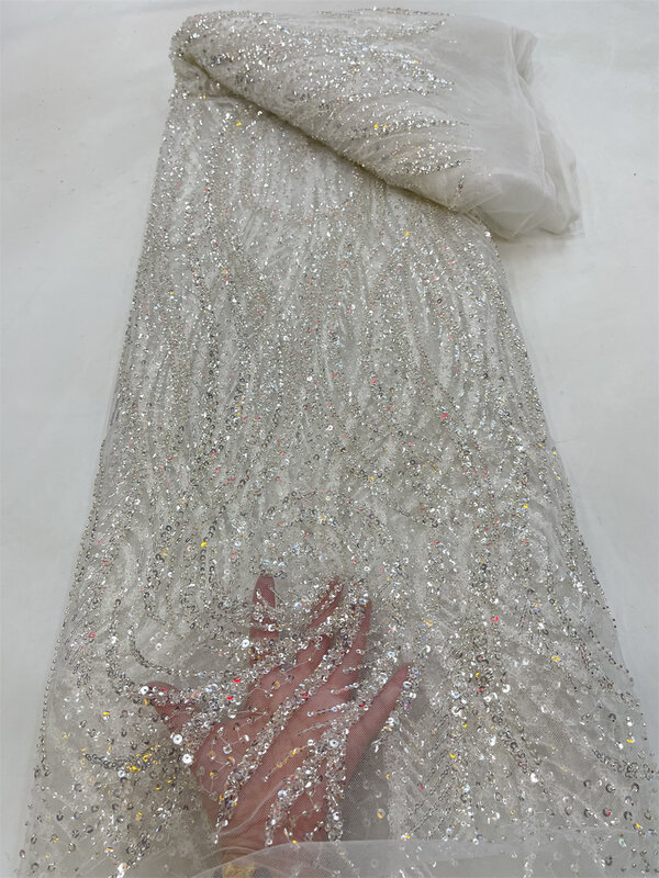 Tela de encaje francés Nigeriano para boda, tejido nupcial de lujo con cuentas de novio, Material de encaje de tul de lentejuelas africanas QF0563, 2023