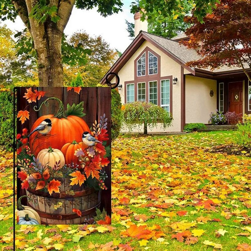 가을 추수감사절 호박 작은 정원 깃발, 12x18 인치 양면 가을 수채화 새, 계절 야외 장식