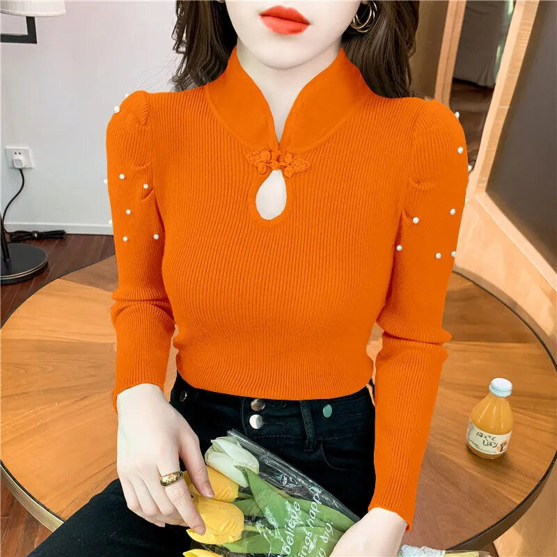 2023 Autumn/Winter New Vintage Nail Bead Bubble Sleeves Underlay Shirt Women with Western Style Stand Neck Hollow out Knit Top
