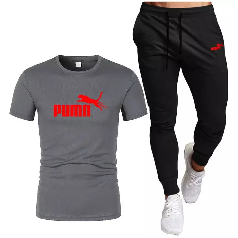Baju olahraga pria, pakaian olahraga Fitness dua potong, kaus lengan pendek + celana panjang, pakaian olahraga kasual bersirkulasi