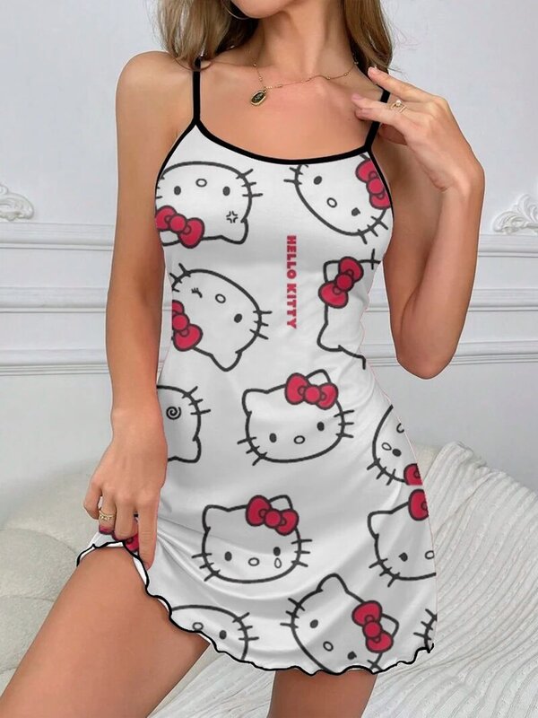 Falda de pijama de Hello Kitty con ribete de lechuga para mujer, minivestido Sexy de satén con cuello redondo, elegante, a la moda, verano, 2024