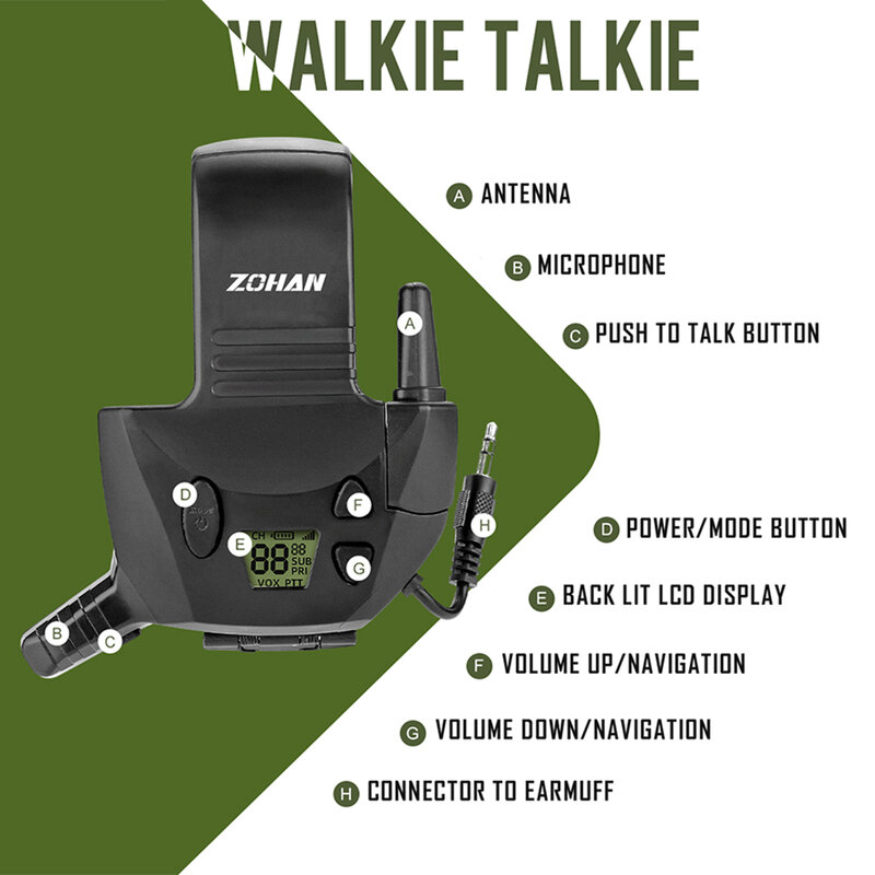 ZOHAN-walkie-talkie de Tiro Táctico, adaptador de orejera con micrófono externo, rango de 3 millas, 22 canales para rango de tiro de caza