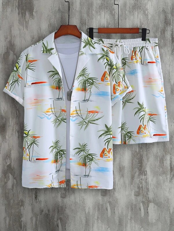 夏の熱帯植物プリント男性と女性の半袖シャツセットのファッションラペルボタントップショーツ