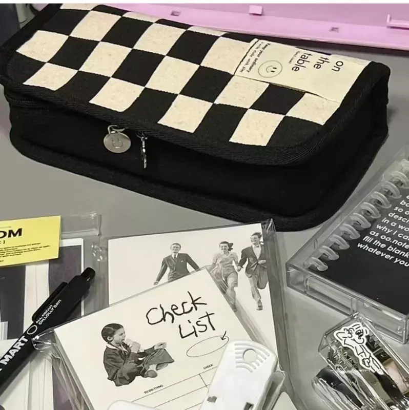 대용량 연필 케이스, 간단한 체커보드 격자 가방, 문구류, 학생 캔버스, 다기능 옷깃