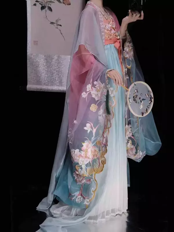 Китайское платье ханьфу, женский костюм для косплея, наряд для вечеринки династии Тан, старинная Китайская вышивка, градиентное платье ханьфу, модель XL