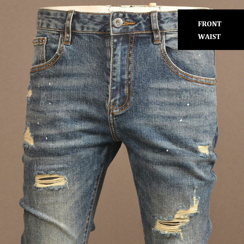 Fashion Streetwear Men Jeans Retro Blue Elastic Skinny Fit Ripped Jeans Men Hole Trousers Patched Designer Vintage Denim Pants