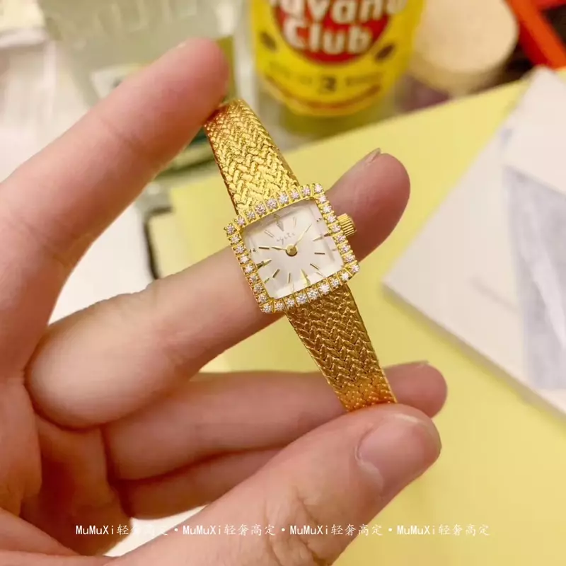 Reloj de latón de oro de 24 quilates para mujer, pequeño, diamantes de lujo, Cuadrado exquisito japonés, cuarzo Simple, regalo para niña de alta calidad, nuevo