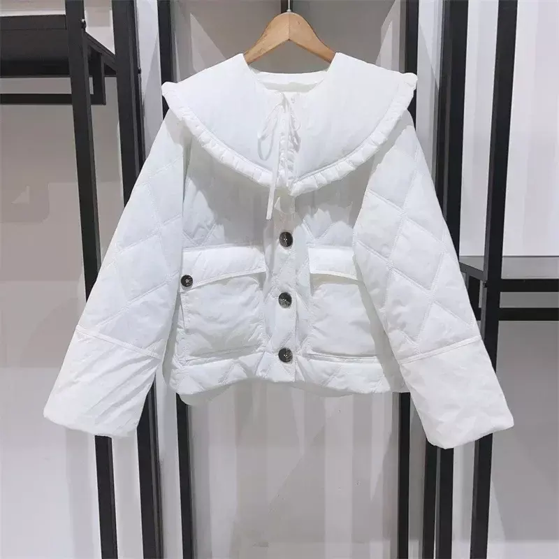 Jaqueta de algodão acolchoada com babados para mulheres, lapela grande destacável, casaco curto, nova, outono e inverno, 2023