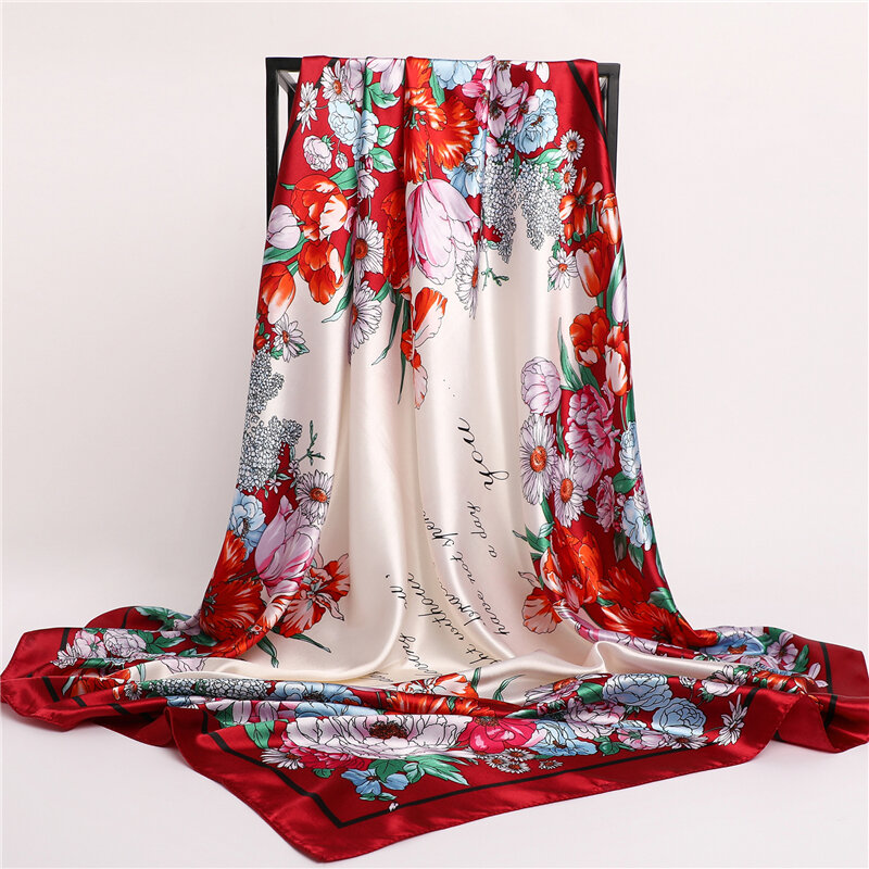 Foulard carré en Satin de soie imprimé pour femmes, 90cm, cravate de luxe pour le cou, bandana pour cheveux, couvre-chef, Hijab, châle, 2022