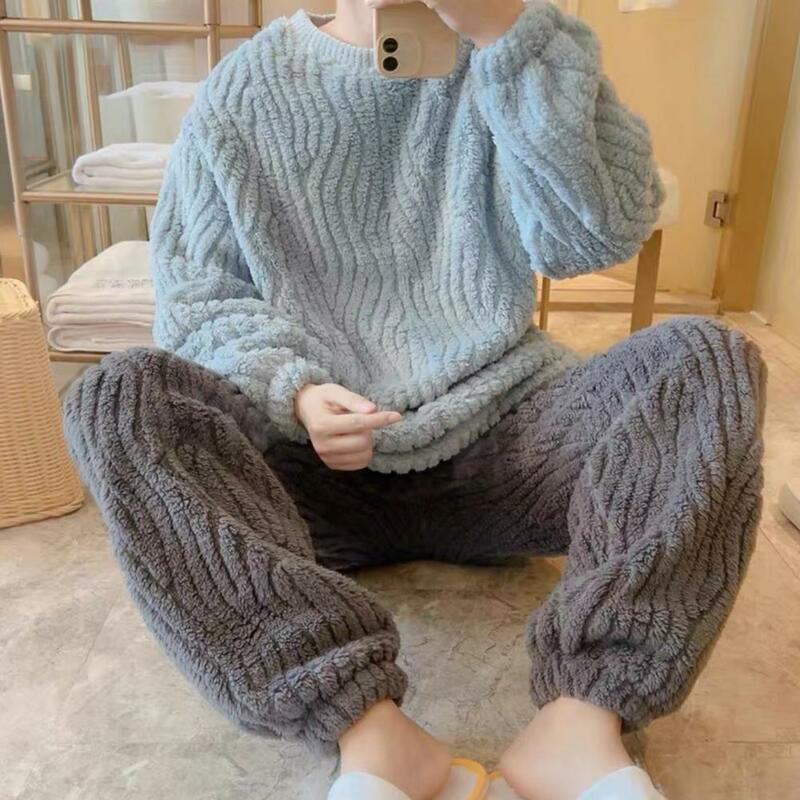 Pajama Pants Set with Leg-binding Design Cozy Men's Flannel Pajama Set with Long Sleeve Comfort Soft Touch Loungewear for Autumn