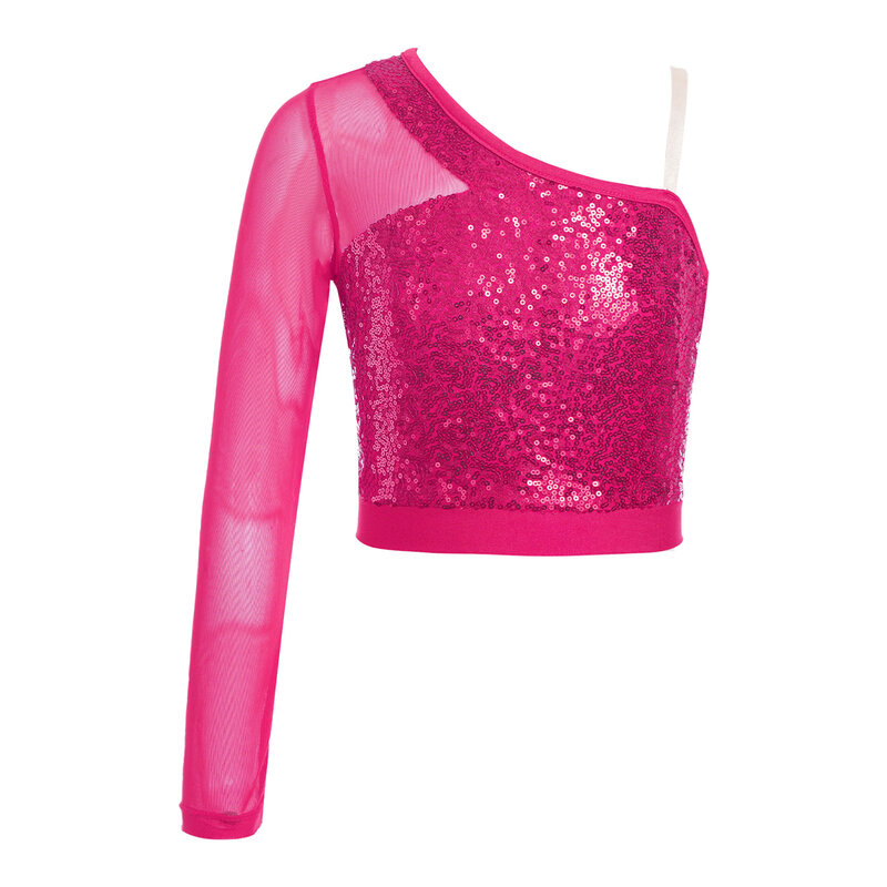 Kids Girls Sheer Mesh Side Zipper Athletic Glitter Crop Top Sparkly Sequins Ballet Jazz Hip Hop Dance Performance Top Costume