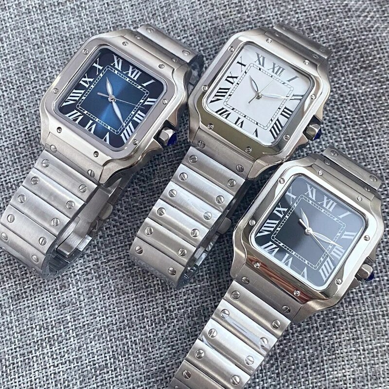 Nologo quadrado automático relógio de pulso masculino, NH35, movimento de vidro, números romanos traseiros, bracelete do negócio, relógio de presente