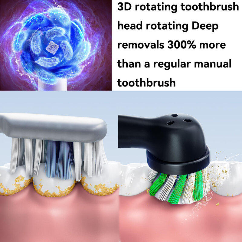 Cepillo de dientes eléctrico giratorio para adultos, dispositivo de limpieza profunda con 4 cabezales, potencia recargable y temporizador inteligente de 2 minutos, color blanco y negro