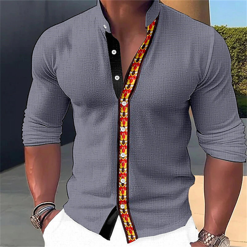 2024 New men's retro Bohemian style 3D printed solid color shirt for daily street vacation stand up collar long sleeved shirt