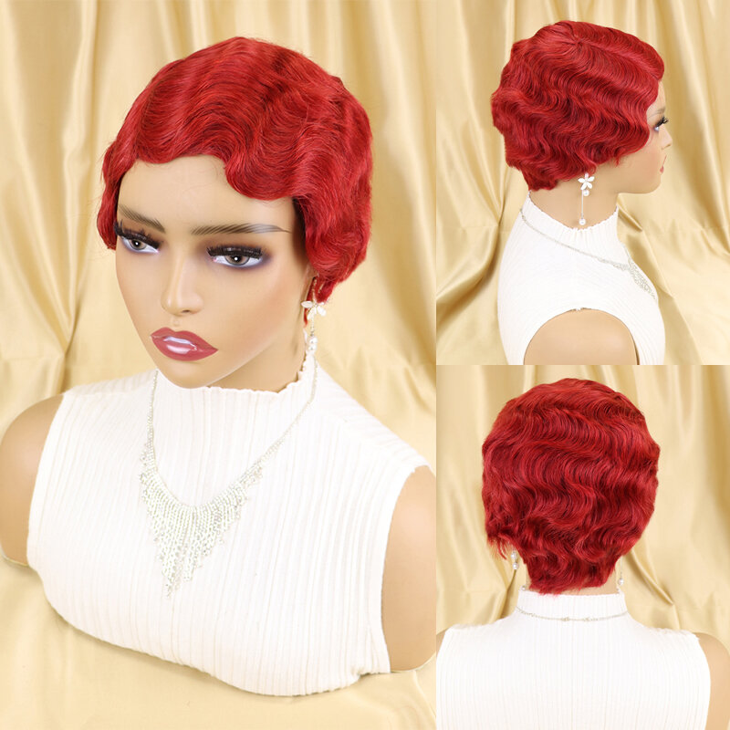 Pixie corte peruca de cabelo humano para mulheres, curto, onda de dedo, ombre, brasileiro, oceano, máquina completa feita, glueless