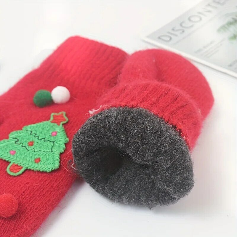 Christmas Atmosphere Knit Mittens Cute Cartoon Elements Plus Velvet Warm Gloves Autumn Winter Coldproof Decoration Women Gloves