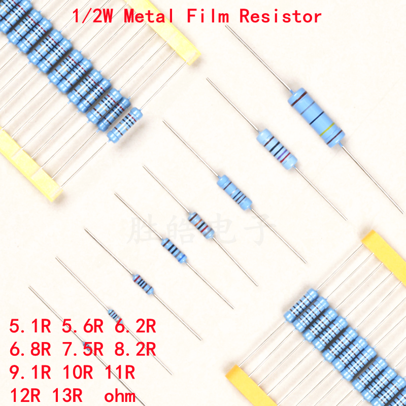 50 peça 1/2W Filme De Metal Resistor 1% 5.1R 5.6R 6.2R 6.8R 7.5R 8.2R 9.1R 10R 11R 12R 13R Ohms Ohm Alta Precisão Boa Qualidade DIP