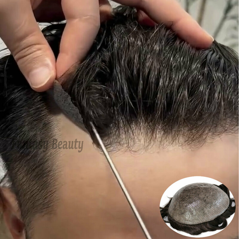 Tupé de pelo humano Natural para hombres, peluca de piel de micropiel, prótesis capilares de PU completa, sistema de reemplazo de alta calidad