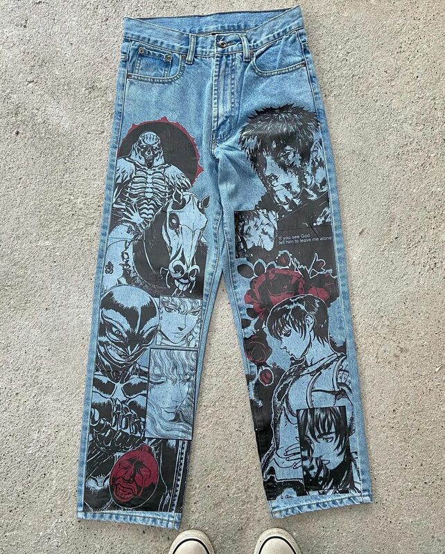 Harajuku Anime Grafische Wide Leg Jeans Streetwear Y 2K Jeans Voor Mannen Nieuwe Japanse Stijl Hoge Taille Jeans Wijde Broek Broek