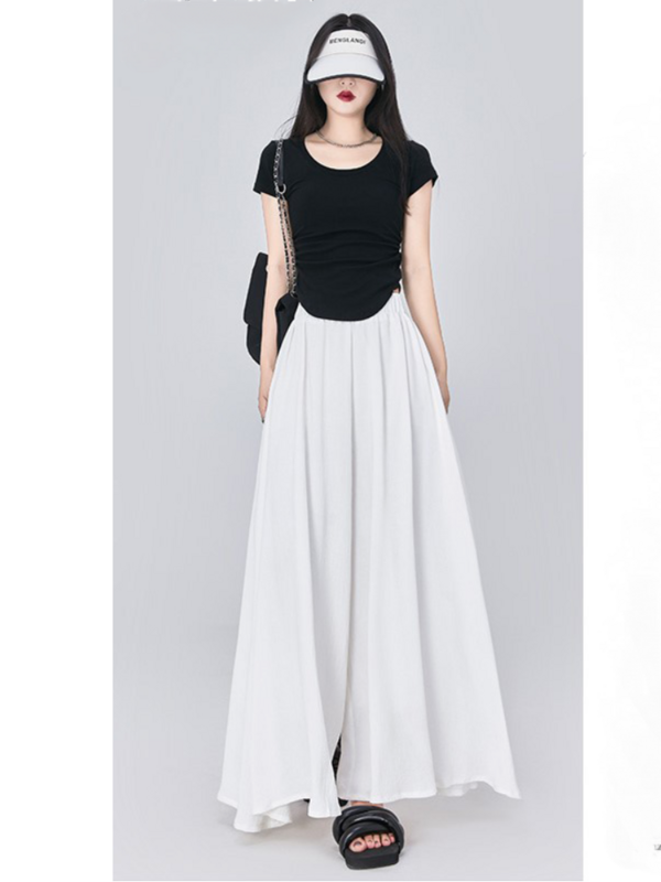 Calças femininas de cintura alta soltas grandes, estilo coreano casual, seda branca de gelo, calças de perna larga, roupas de verão, Y2K