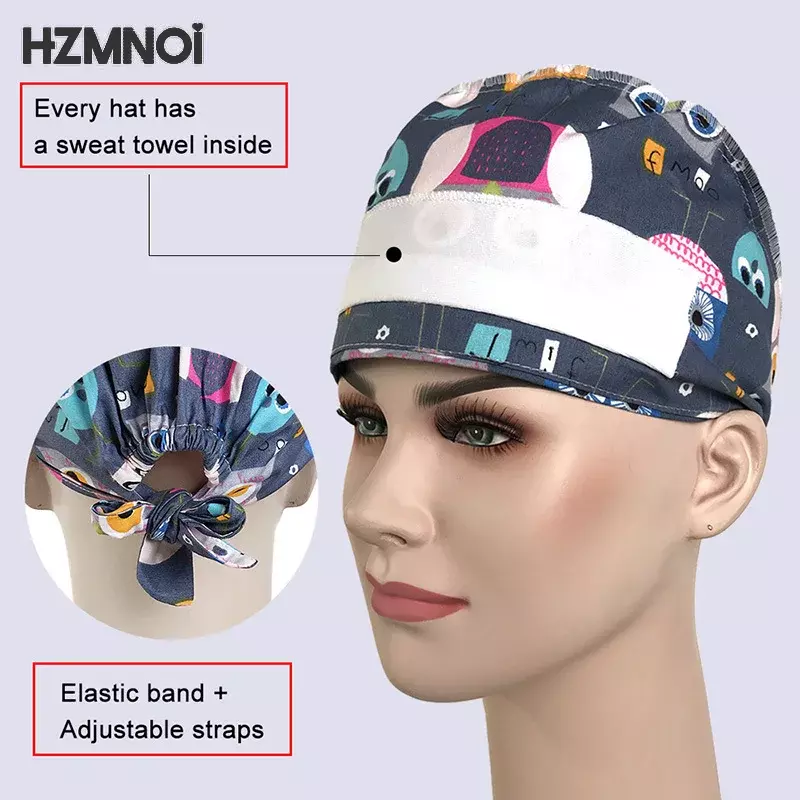 2021 Produk Baru Topi Bedah Perawat Cetak Kartun Topi Dokter Gigi Rumah Sakit Hewan Peliharaan Topi Salon Kecantikan Koki Topi Gosok Tahan Debu