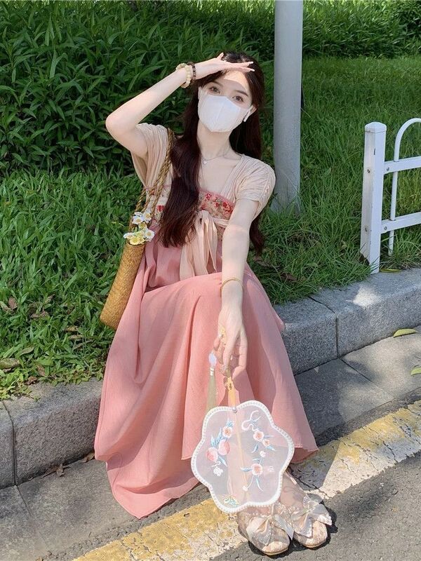 ชุด Hanfu ชุดเดรสผู้หญิงสไตล์โบราณชุดเดรสเกาหลีแบบจีนดั้งเดิมชุดเดรสฮันฟูสีชมพูสำหรับทุกวันฤดูใบไม้ผลิ