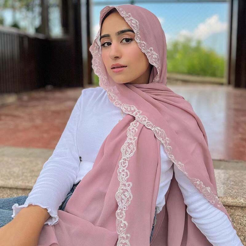 Chiffon istantaneo Hijab scialle pianura pizzo floreale catena bolla signora fascia avvolgente di alta qualità stole cofano musulmano Sjaals